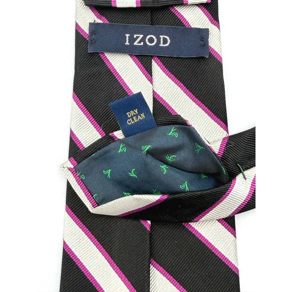 IZOD 100% Repp Silk Necktie Mens Black White Pink Diagonal Stripe 59